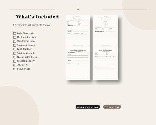 Esthetician Facial Forms Printable PDF, Facial Intake Form, Skin Analysis Form, Consent Form, Beauty Salon Forms Bundle