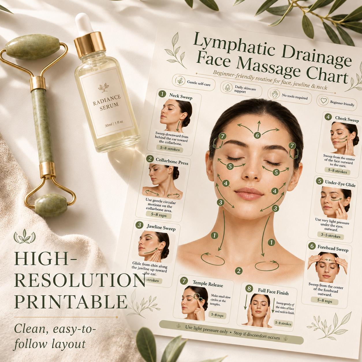 Lymphatic Drainage Face Massage Printable, Facial Massage Chart, Beginner Face Routine Poster, Jawline Neck Guide PDF