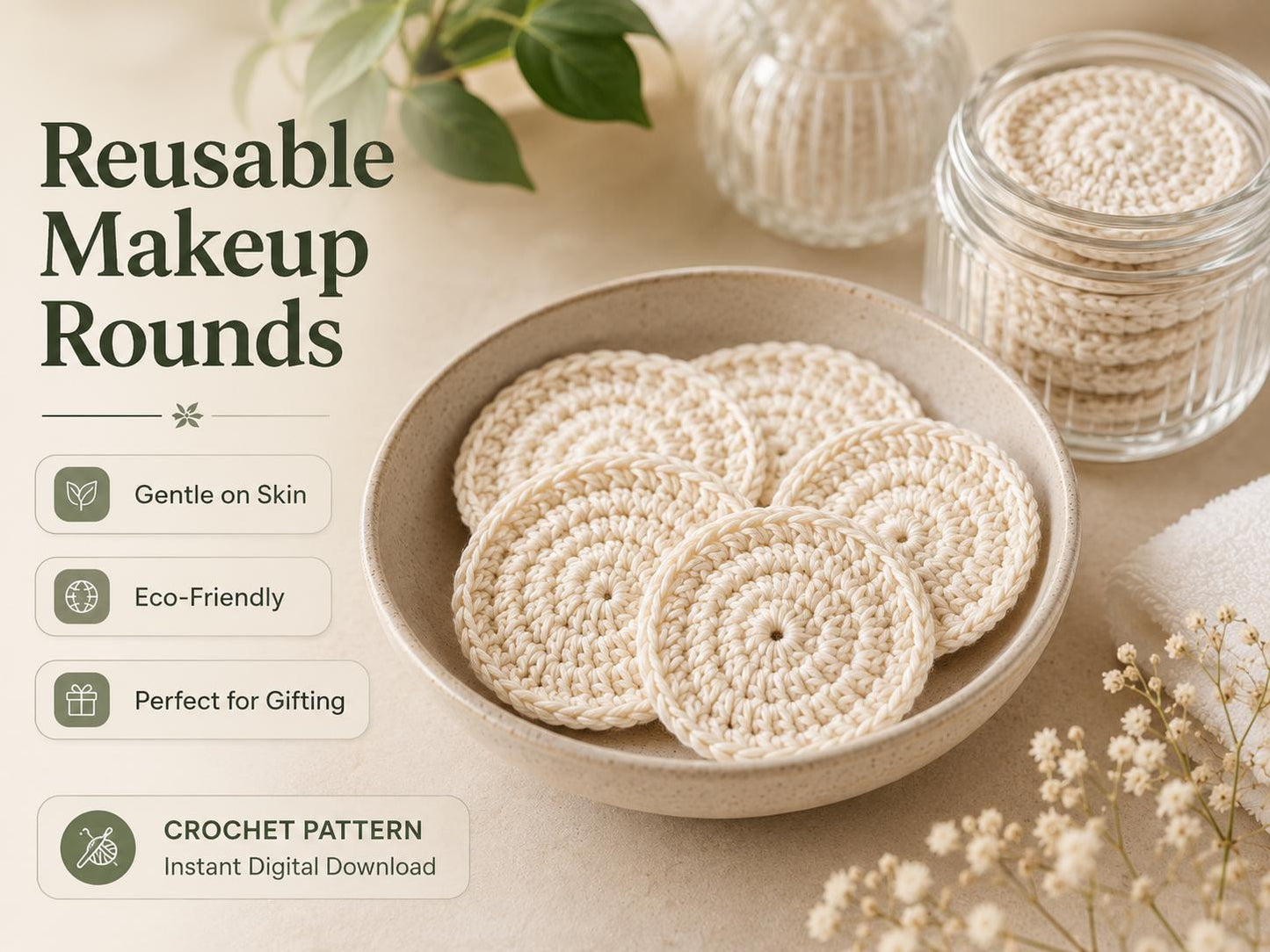 Crochet Face Washer Pattern, Reusable Makeup Rounds Crochet Pattern, Beginner Crochet Spa Set PDF, Eco-Friendly Gift
