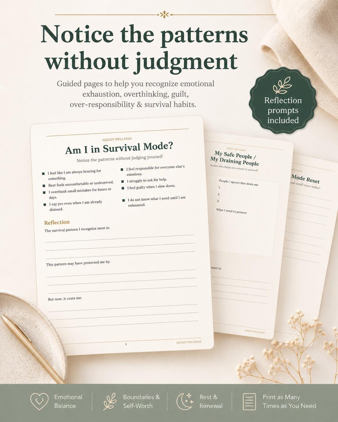 Survival Mode Reset Journal Printable, Emotional Healing Workbook, Self Love Journal,Boundaries Worksheet, Self Worth PDF, Soft Life Planner