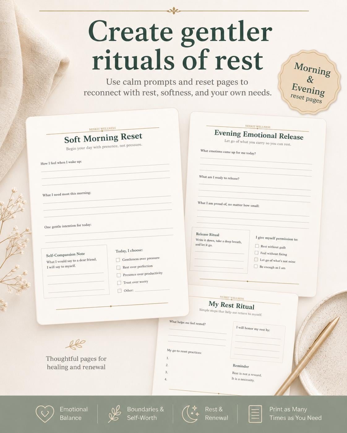 Survival Mode Reset Journal Printable, Emotional Healing Workbook, Self Love Journal,Boundaries Worksheet, Self Worth PDF, Soft Life Planner