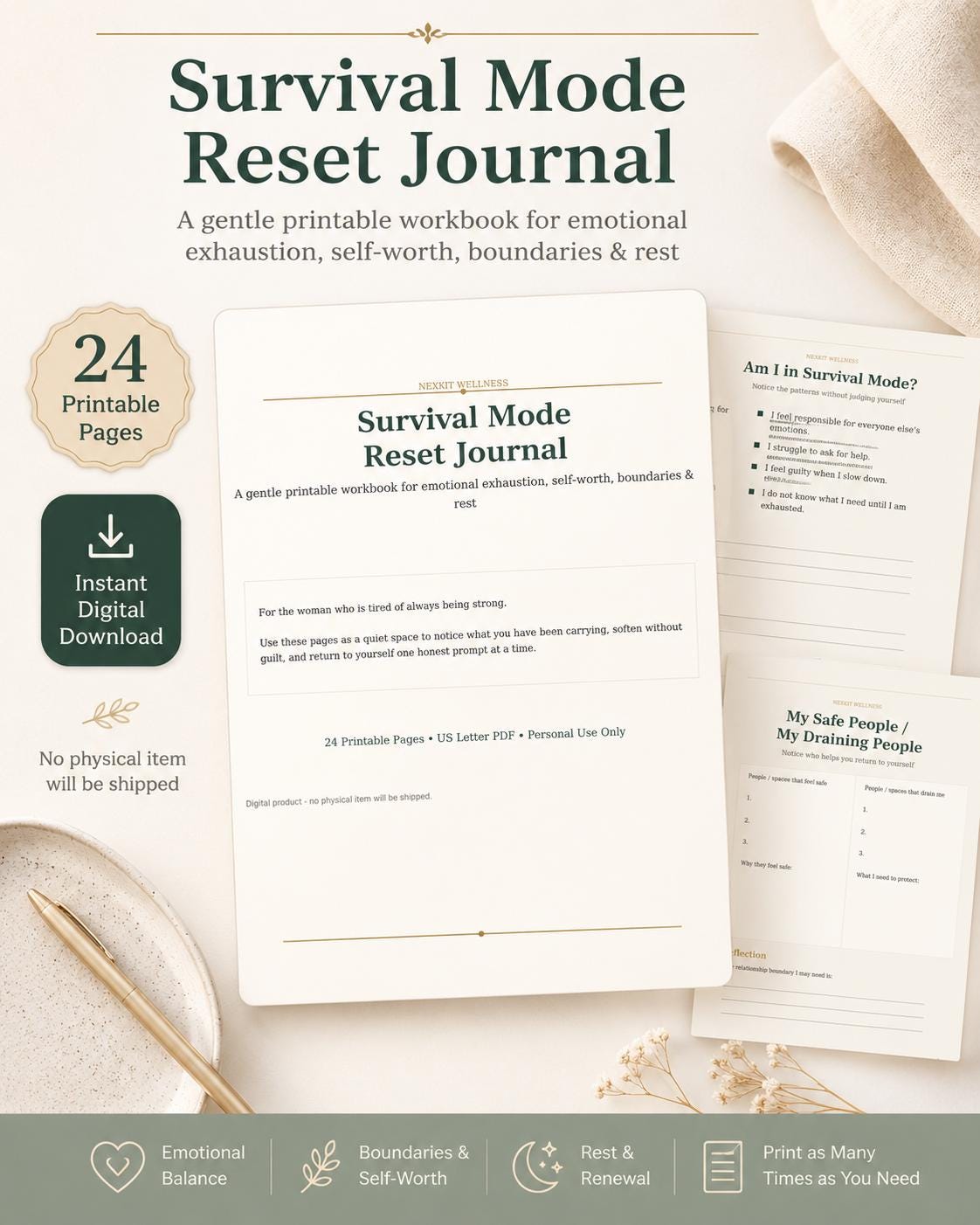 Survival Mode Reset Journal Printable, Emotional Healing Workbook, Self Love Journal,Boundaries Worksheet, Self Worth PDF, Soft Life Planner