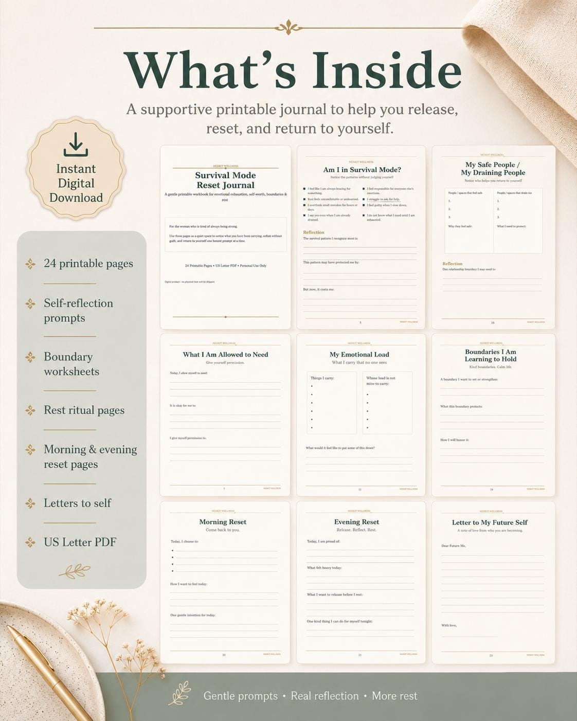 Survival Mode Reset Journal Printable, Emotional Healing Workbook, Self Love Journal,Boundaries Worksheet, Self Worth PDF, Soft Life Planner