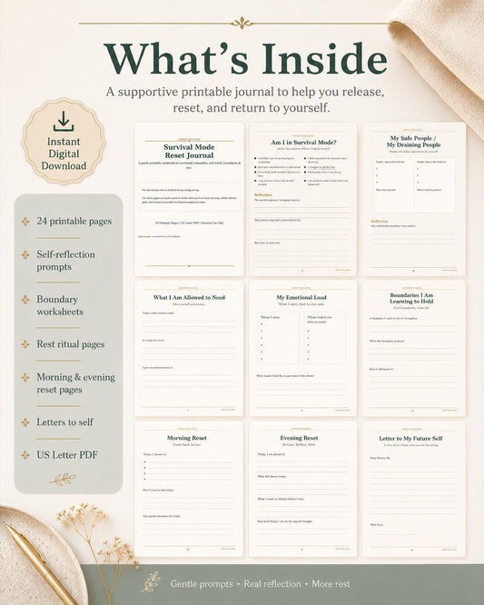 Survival Mode Reset Journal Printable, Emotional Healing Workbook, Self Love Journal,Boundaries Worksheet, Self Worth PDF, Soft Life Planner