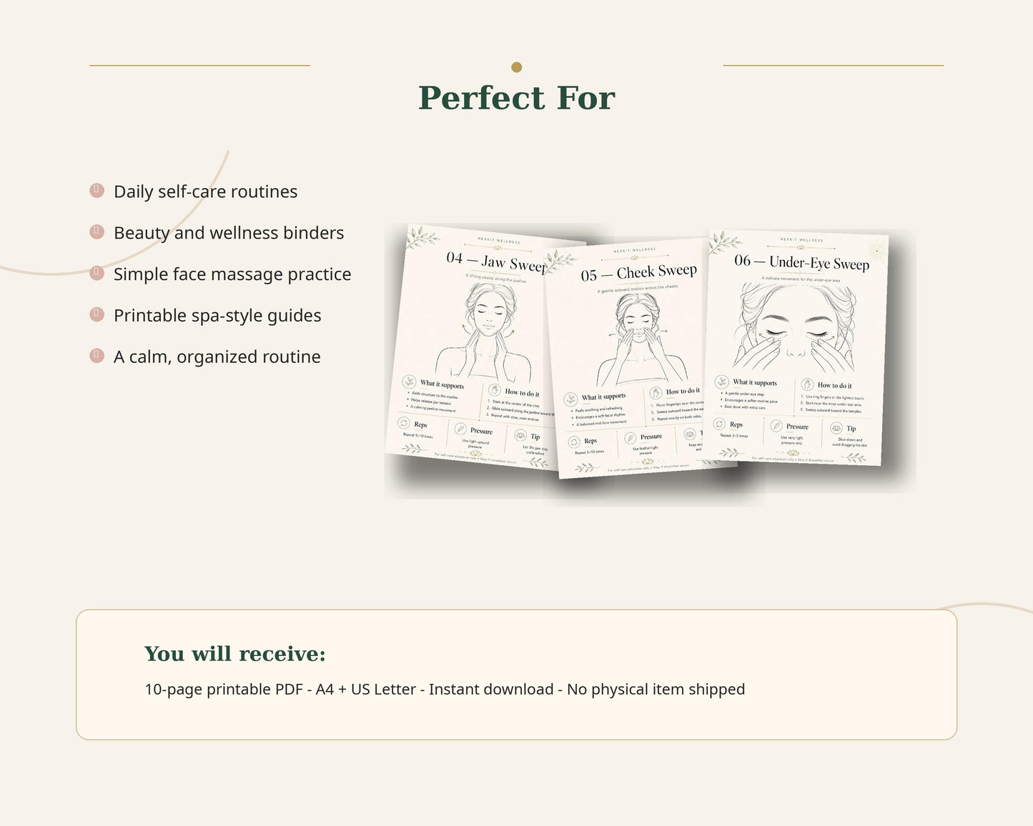 Luxury Illustrated Face Massage Guide Printable PDF, Step by Step Facial Massage Routine,Lymphatic Face Massage Chart,Self Care Beauty Guide