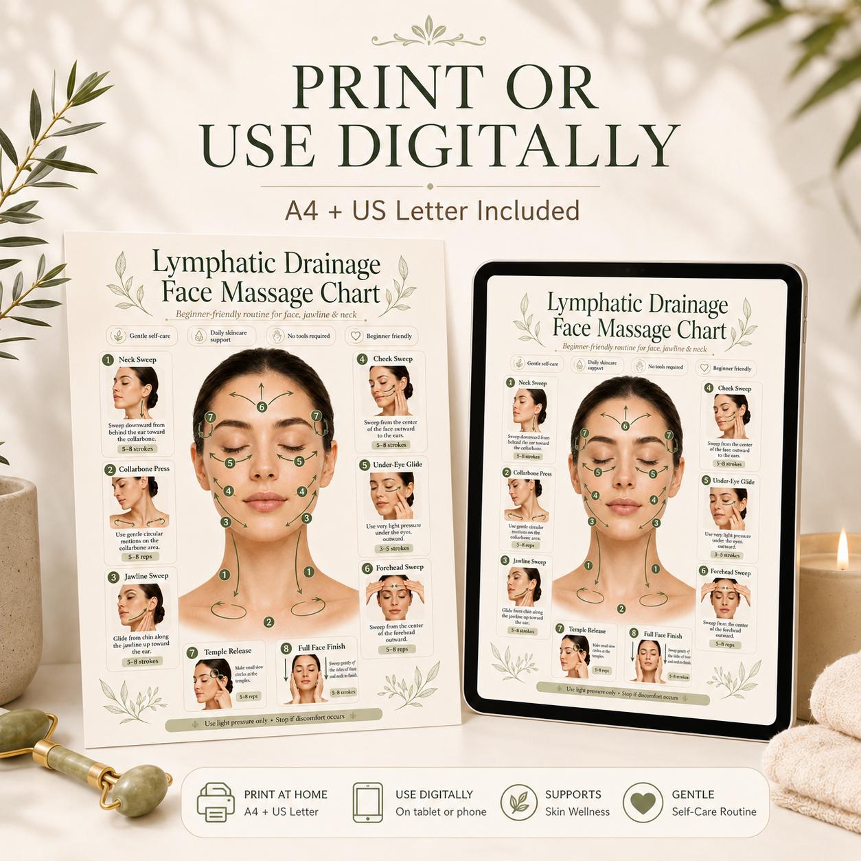 Lymphatic Drainage Face Massage Printable, Facial Massage Chart, Beginner Face Routine Poster, Jawline Neck Guide PDF