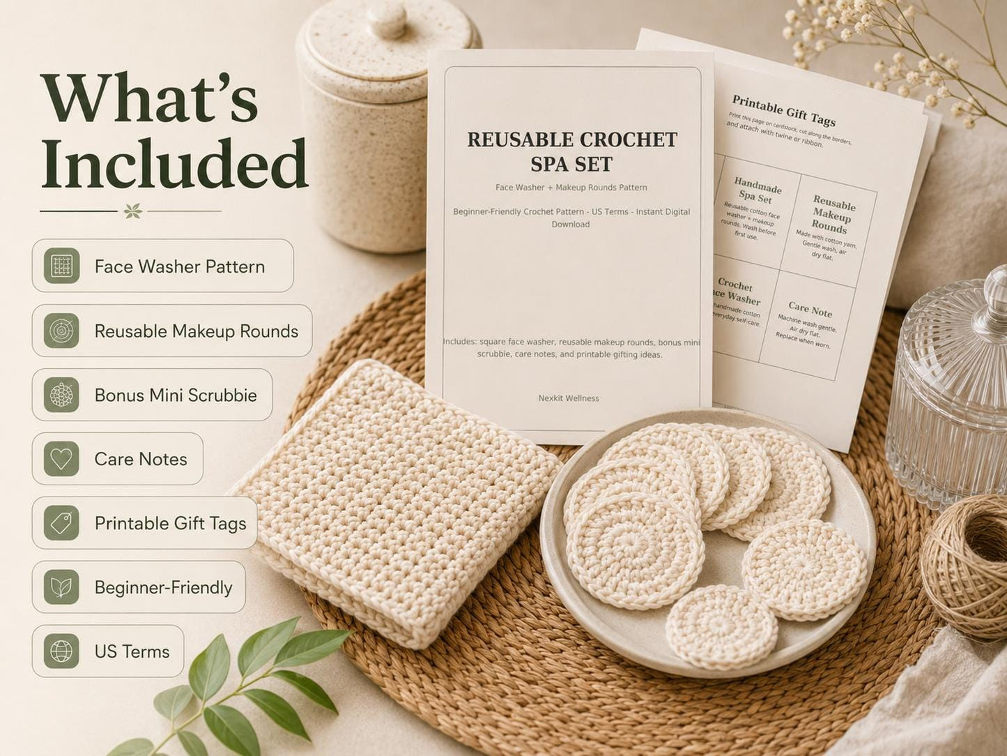 Crochet Face Washer Pattern, Reusable Makeup Rounds Crochet Pattern, Beginner Crochet Spa Set PDF, Eco-Friendly Gift