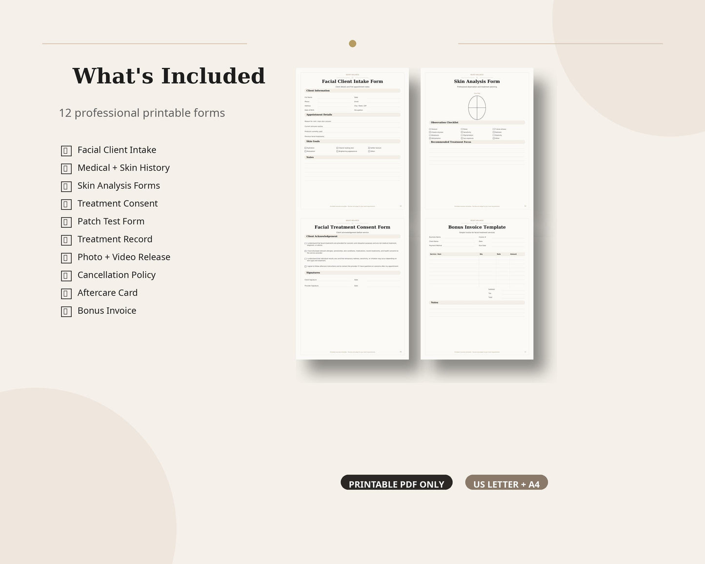 Esthetician Facial Forms Printable PDF, Facial Intake Form, Skin Analysis Form, Consent Form, Beauty Salon Forms Bundle