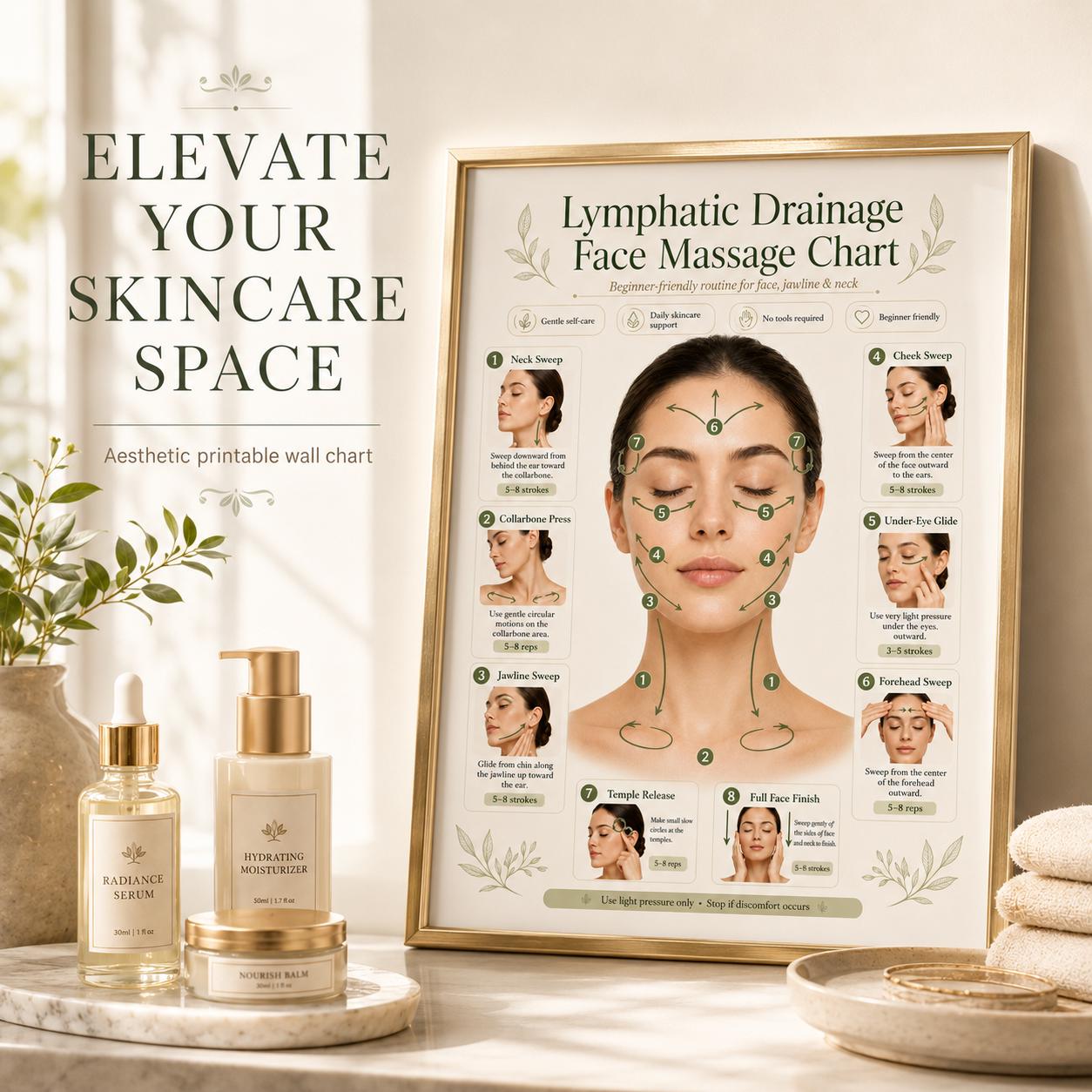Lymphatic Drainage Face Massage Printable, Facial Massage Chart, Beginner Face Routine Poster, Jawline Neck Guide PDF