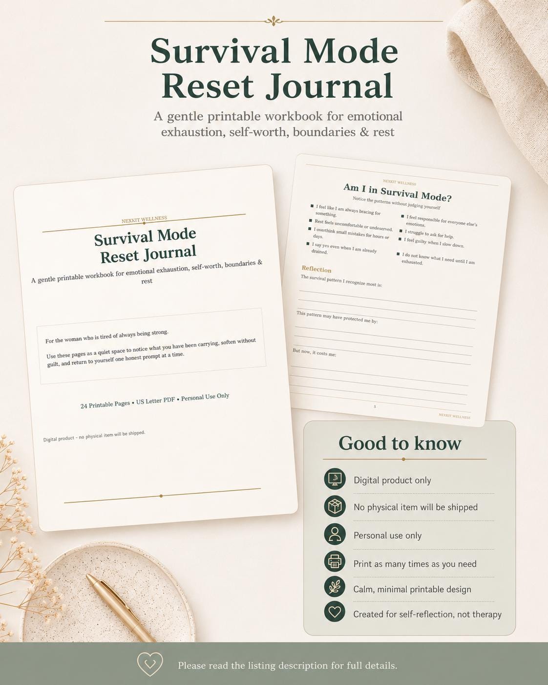 Survival Mode Reset Journal Printable, Emotional Healing Workbook, Self Love Journal,Boundaries Worksheet, Self Worth PDF, Soft Life Planner
