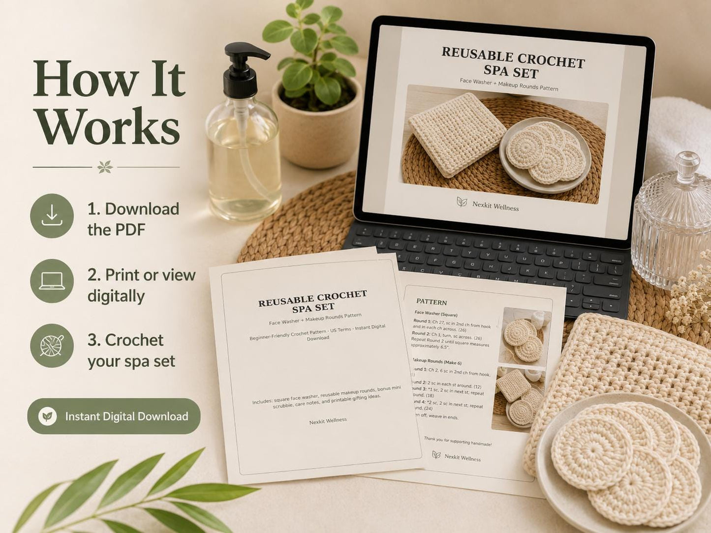 Crochet Face Washer Pattern, Reusable Makeup Rounds Crochet Pattern, Beginner Crochet Spa Set PDF, Eco-Friendly Gift