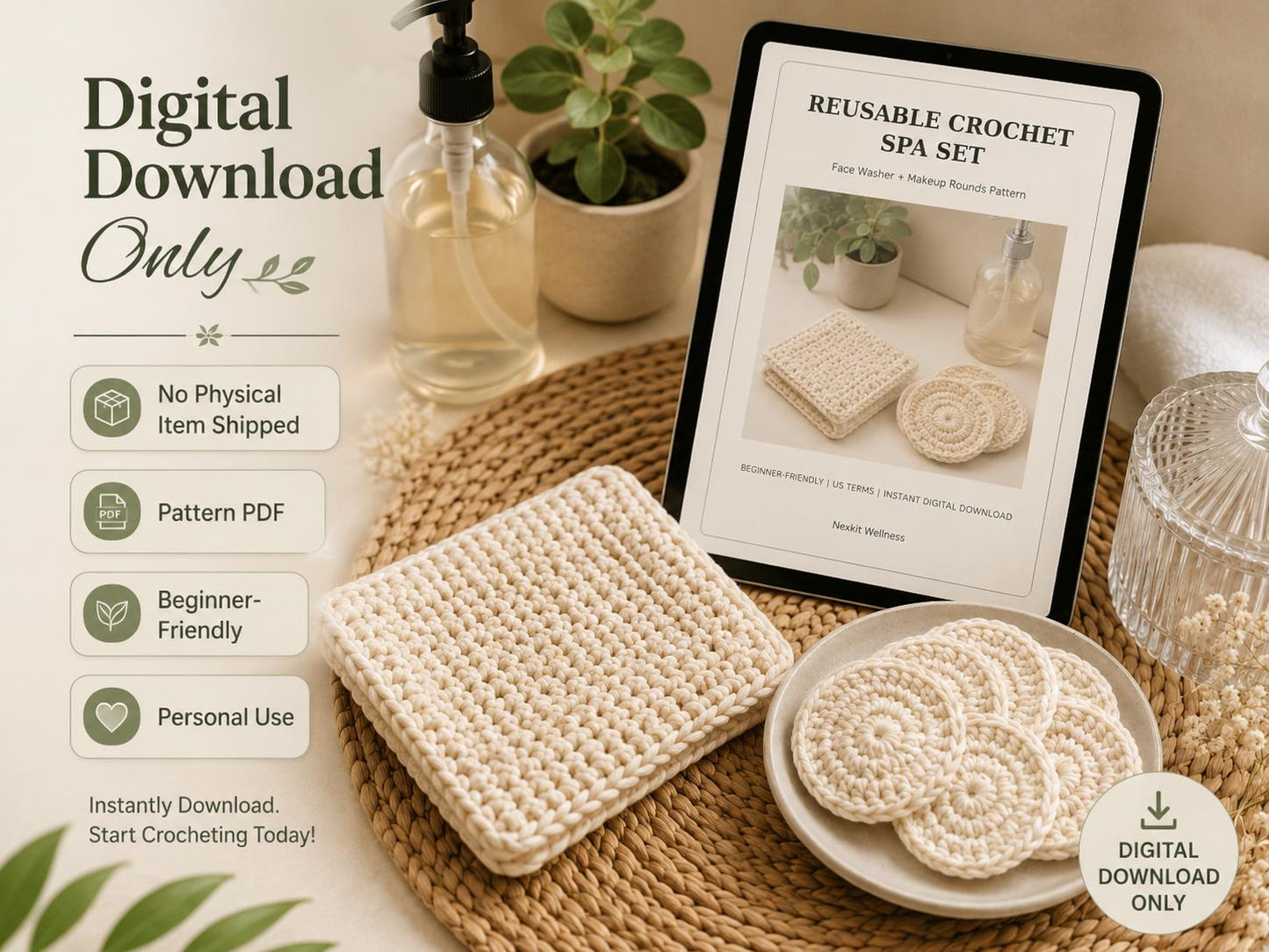 Crochet Face Washer Pattern, Reusable Makeup Rounds Crochet Pattern, Beginner Crochet Spa Set PDF, Eco-Friendly Gift