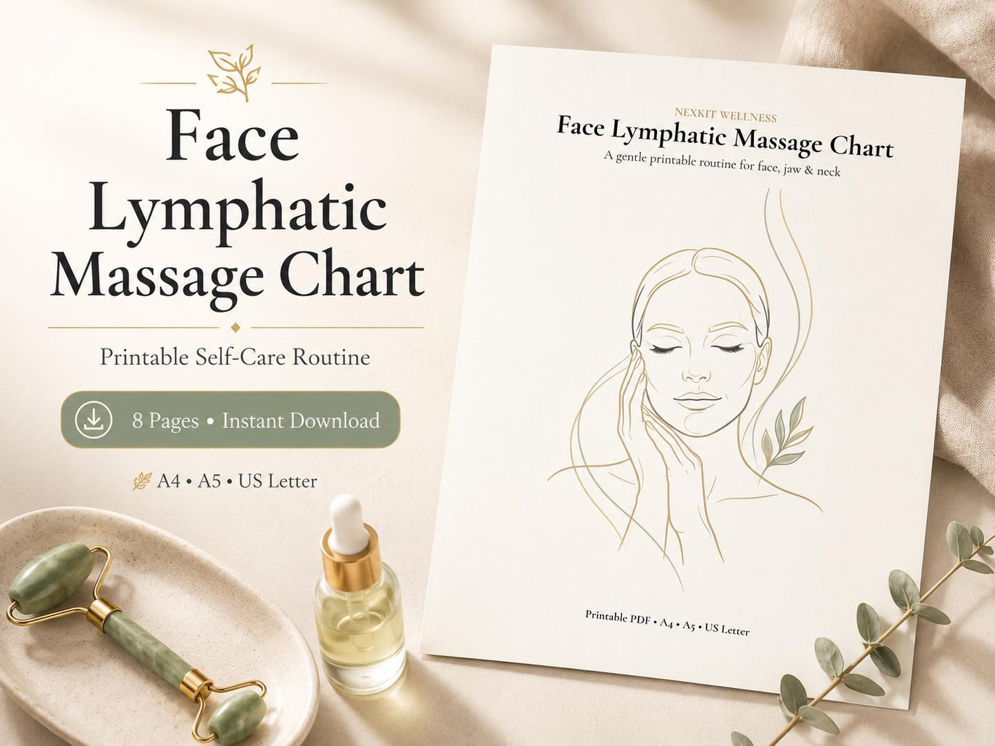 Face Lymphatic Massage Chart Printable, Facial Massage Routine, Face Massage Guide, Self Care Wellness Planner, Morning Evening Routine PDF