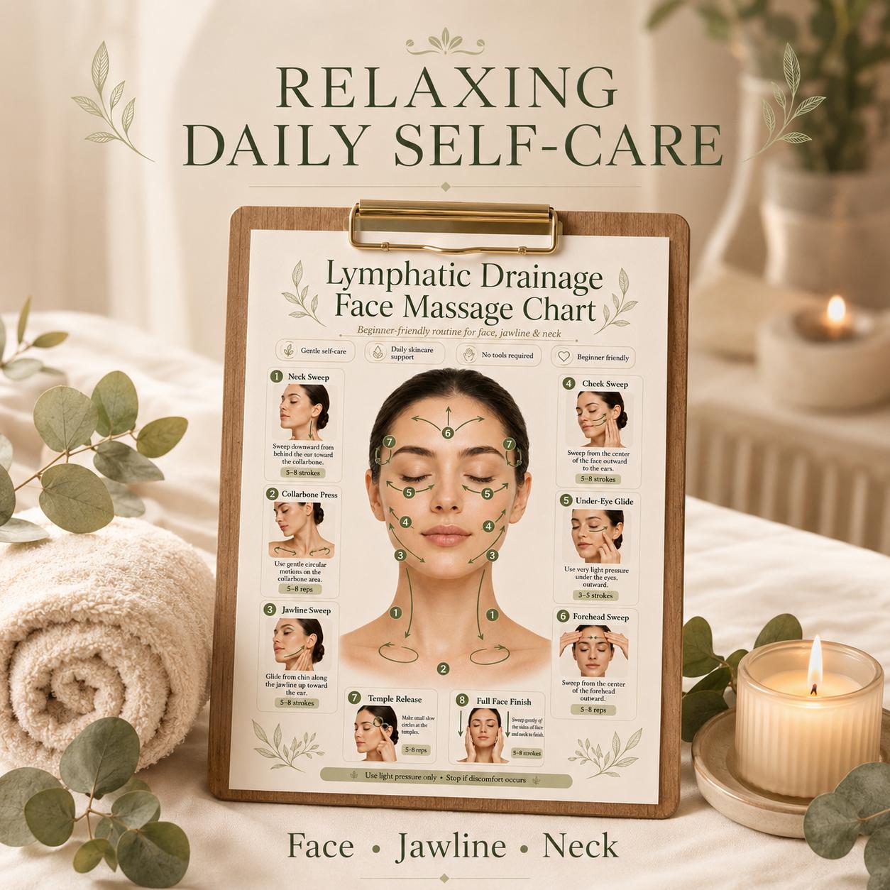 Lymphatic Drainage Face Massage Printable, Facial Massage Chart, Beginner Face Routine Poster, Jawline Neck Guide PDF
