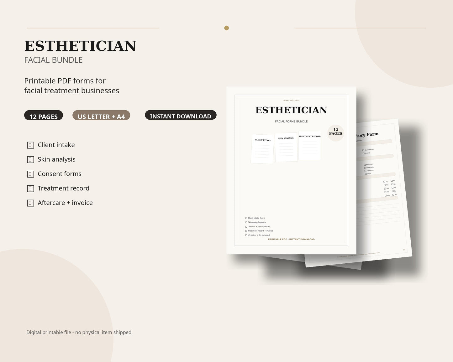 Esthetician Facial Forms Printable PDF, Facial Intake Form, Skin Analysis Form, Consent Form, Beauty Salon Forms Bundle