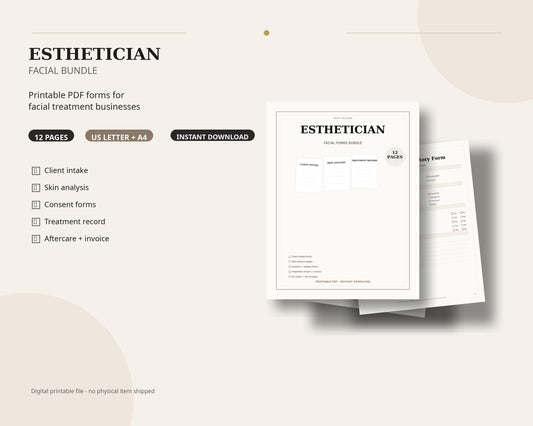 Esthetician Facial Forms Printable PDF, Facial Intake Form, Skin Analysis Form, Consent Form, Beauty Salon Forms Bundle