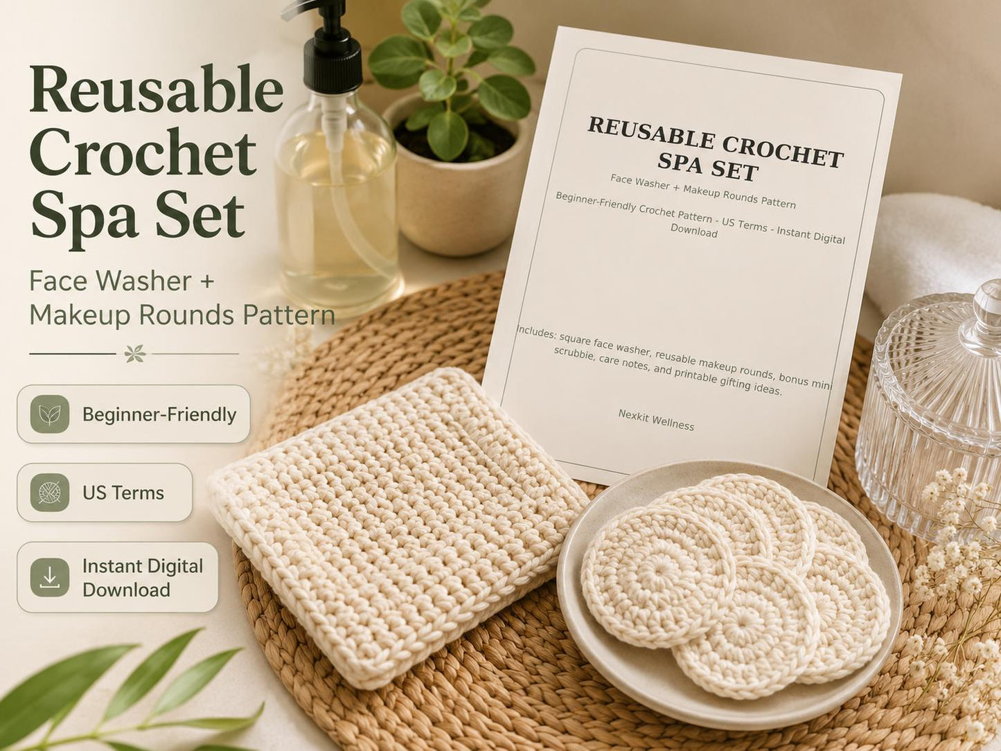 Crochet Face Washer Pattern, Reusable Makeup Rounds Crochet Pattern, Beginner Crochet Spa Set PDF, Eco-Friendly Gift