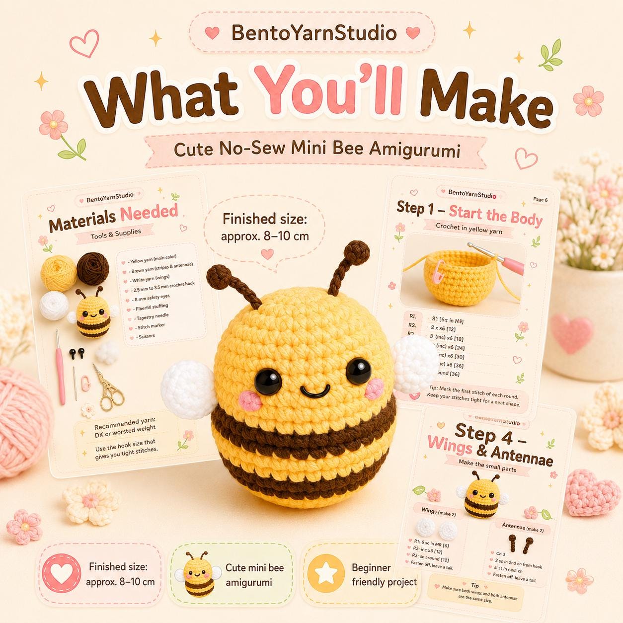 Cute Amigurumi Honey Bee Crochet Pattern, No-Sew Amigurumi Bee, Beginner Crochet Pattern | Digital Download