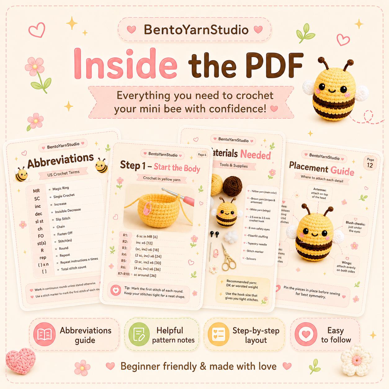 Cute Amigurumi Honey Bee Crochet Pattern, No-Sew Amigurumi Bee, Beginner Crochet Pattern | Digital Download