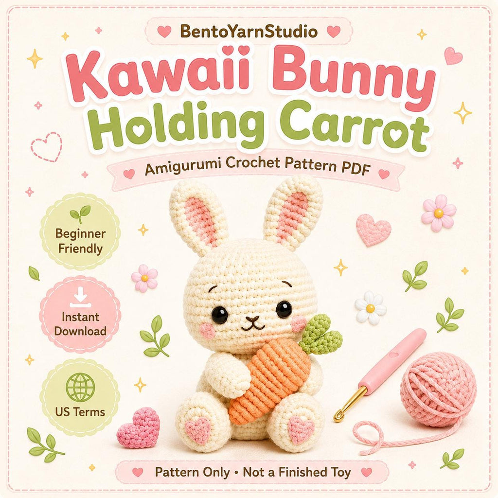 Amigurumi Kawaii Plush Toy, Amigurumi Bunny Holding Carrot, Beginner Rabbit Crochet Pattern, Instant Download