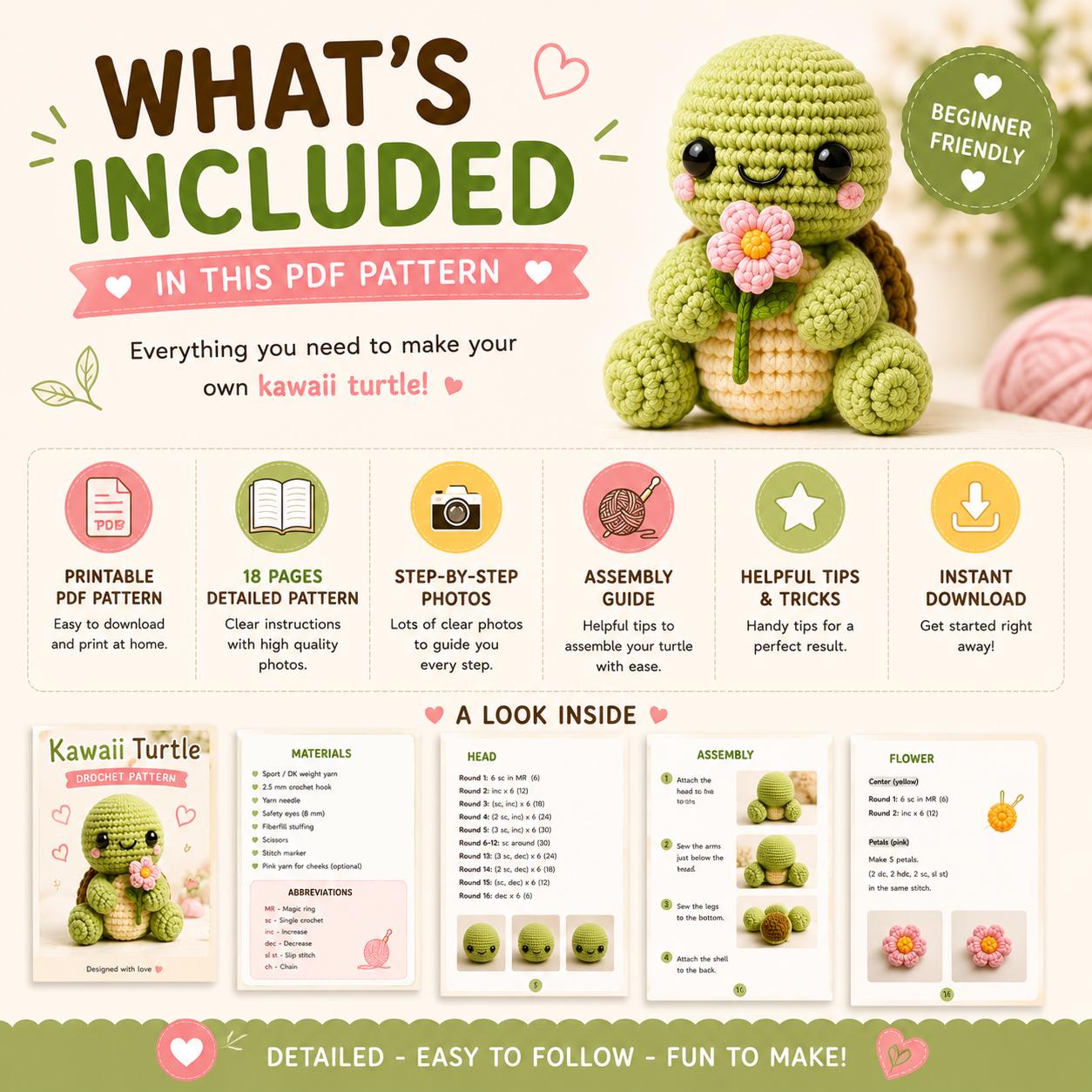 Kawaii Turtle Crochet Pattern PDF, Amigurumi Turtle Pattern, Cute Crochet Plushie Pattern, Beginner Friendly PDF, Instant Download