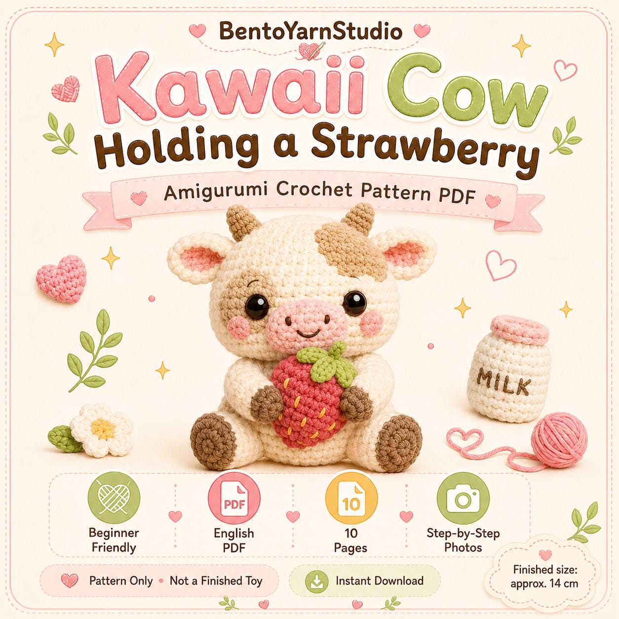 Kawaii Cow Crochet Pattern PDF, Strawberry Cow Amigurumi Pattern, Beginner Friendly Crochet Toy, English PDF
