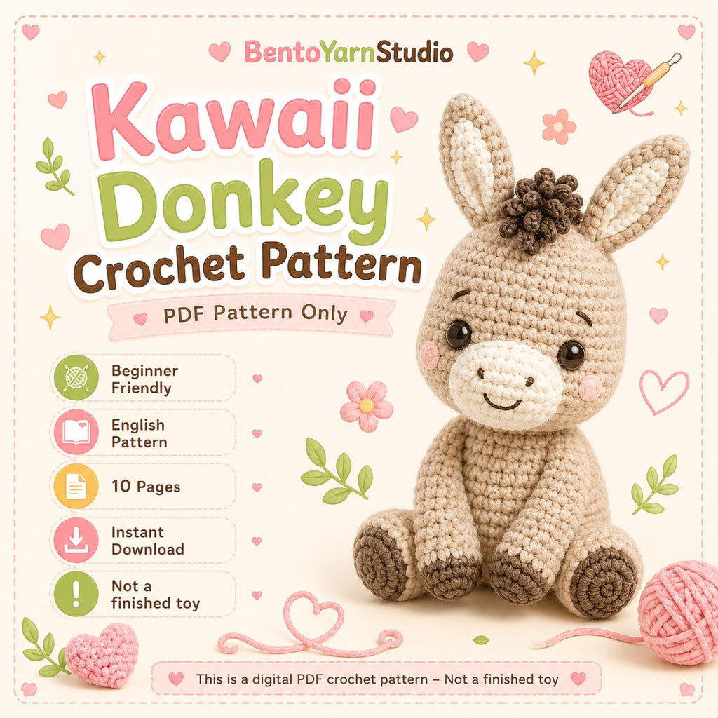Kawaii Donkey Crochet Pattern PDF, Beginner Amigurumi Donkey Pattern, Cute Crochet Toy Pattern, English Digital Download, 10 Pages