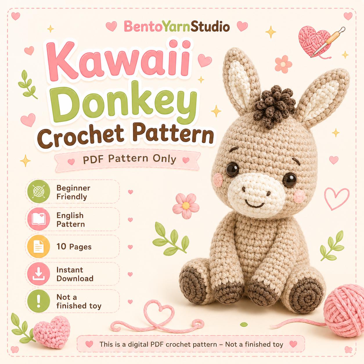 Kawaii Donkey Crochet Pattern PDF, Beginner Amigurumi Donkey Pattern, Cute Crochet Toy Pattern, English Digital Download, 10 Pages