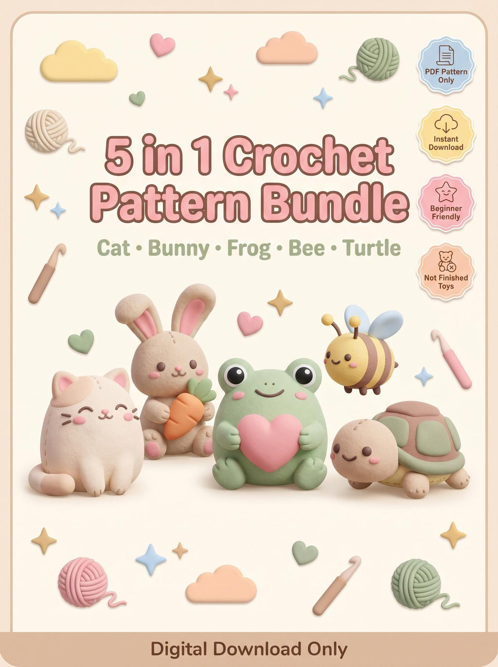 5 in 1 Crochet Pattern Bundle PDF | Kawaii Amigurumi Animals | Cat Bunny Frog Bee Turtle | Beginner Digital Download