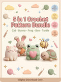 5 in 1 Crochet Pattern Bundle PDF | Kawaii Amigurumi Animals | Cat Bunny Frog Bee Turtle | Beginner Digital Download