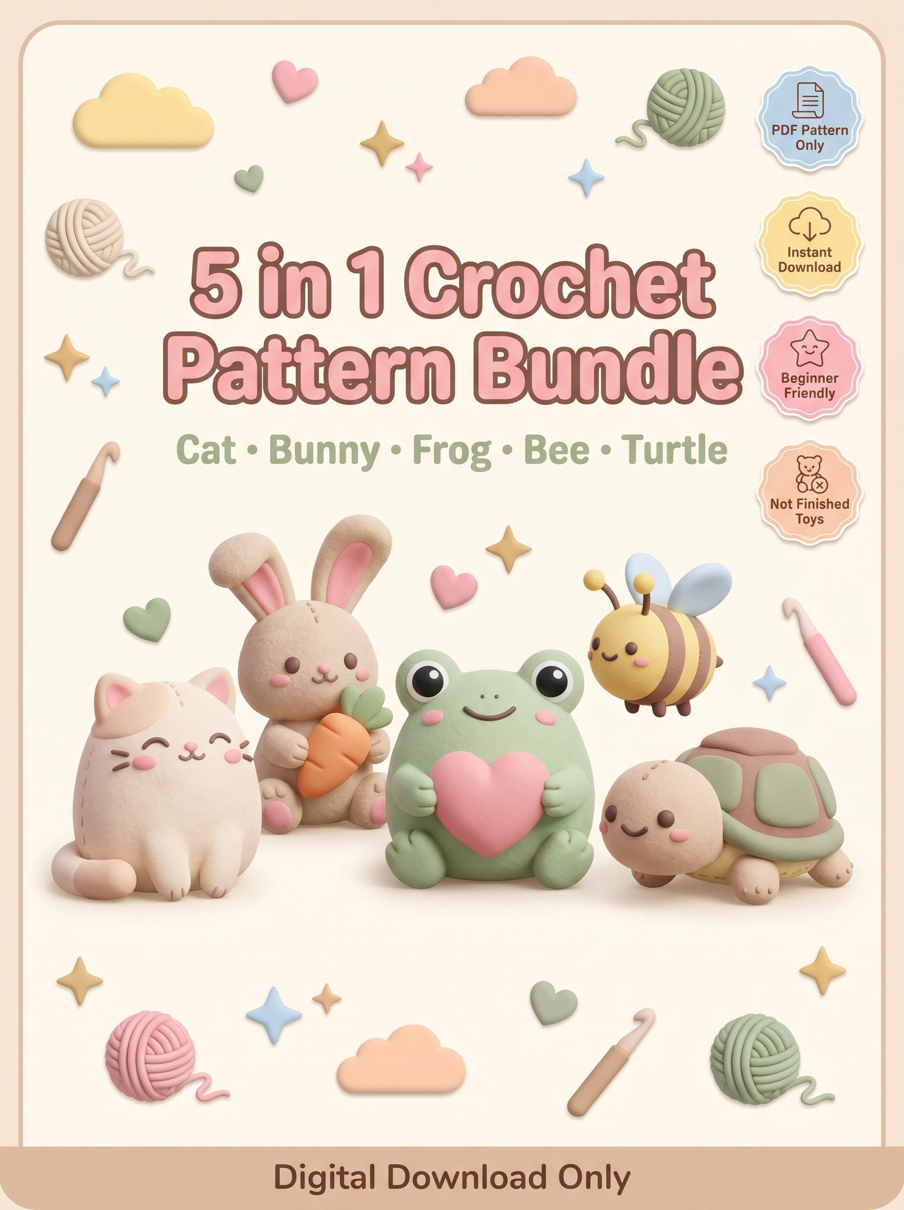 5 in 1 Crochet Pattern Bundle PDF | Kawaii Amigurumi Animals | Cat Bunny Frog Bee Turtle | Beginner Digital Download