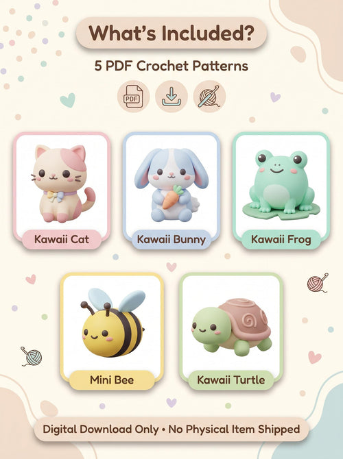 5 in 1 Crochet Pattern Bundle PDF | Kawaii Amigurumi Animals | Cat Bunny Frog Bee Turtle | Beginner Digital Download