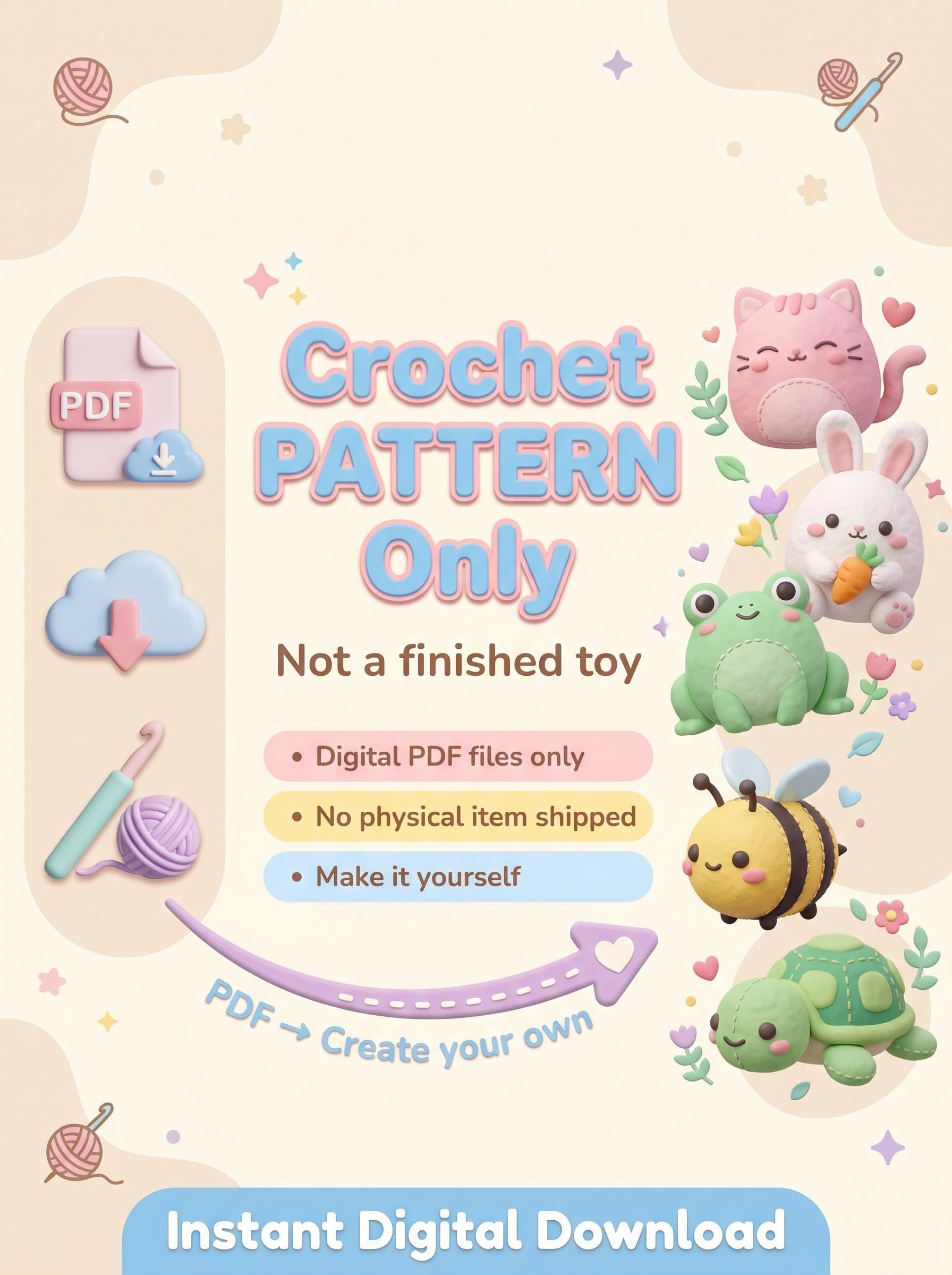 5 in 1 Crochet Pattern Bundle PDF | Kawaii Amigurumi Animals | Cat Bunny Frog Bee Turtle | Beginner Digital Download