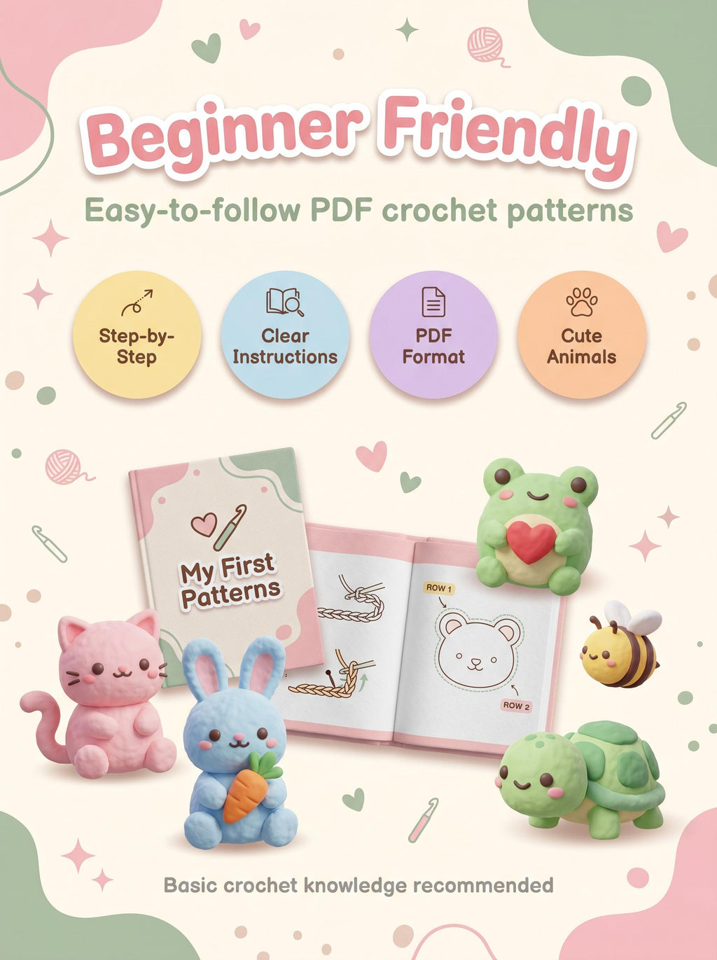 5 in 1 Crochet Pattern Bundle PDF | Kawaii Amigurumi Animals | Cat Bunny Frog Bee Turtle | Beginner Digital Download