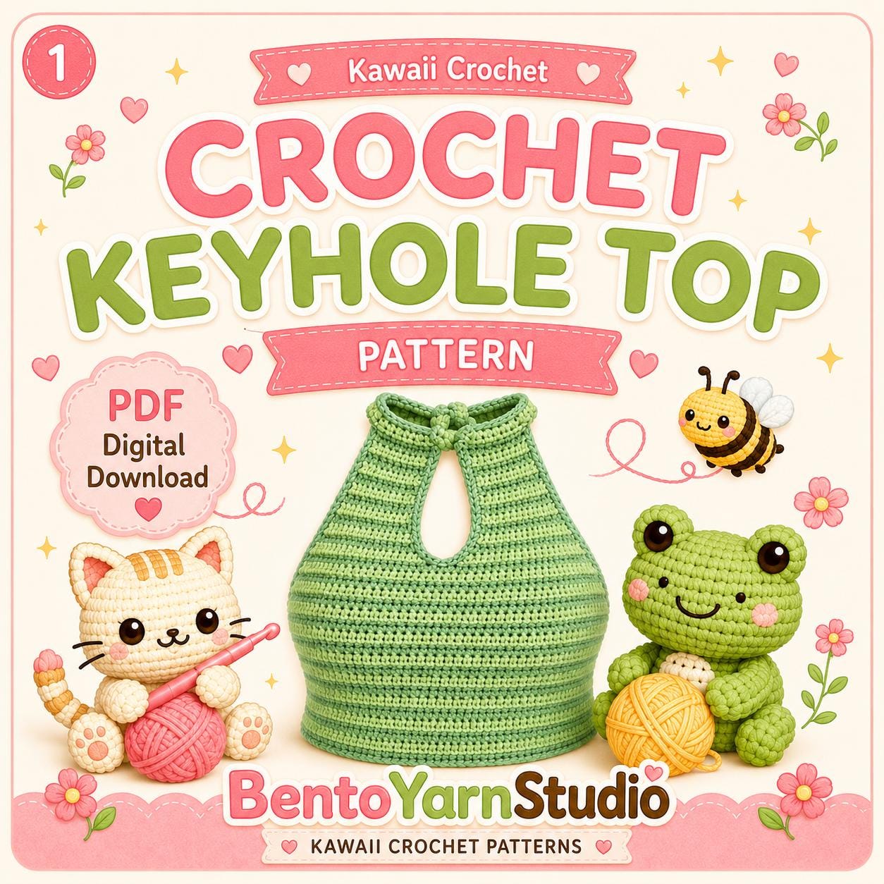 Crochet Keyhole Halter Top Pattern PDF, Kawaii Crochet Top Digital Download, Beginner Friendly Written Pattern, Summer Crochet Crop Top XS-M
