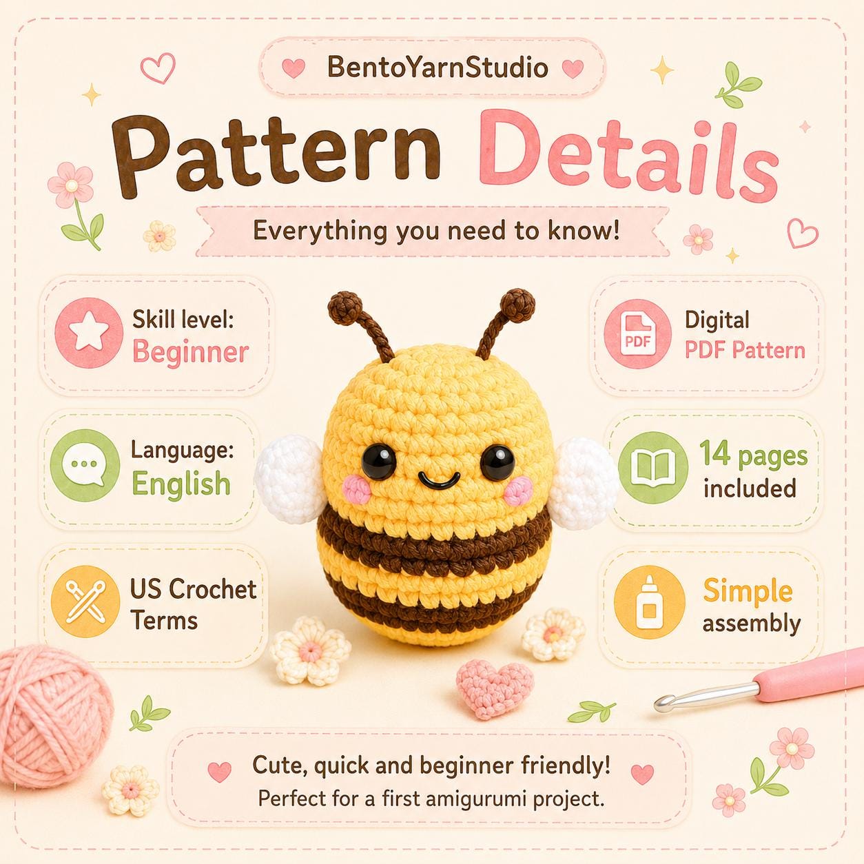 Cute Amigurumi Honey Bee Crochet Pattern, No-Sew Amigurumi Bee, Beginner Crochet Pattern | Digital Download