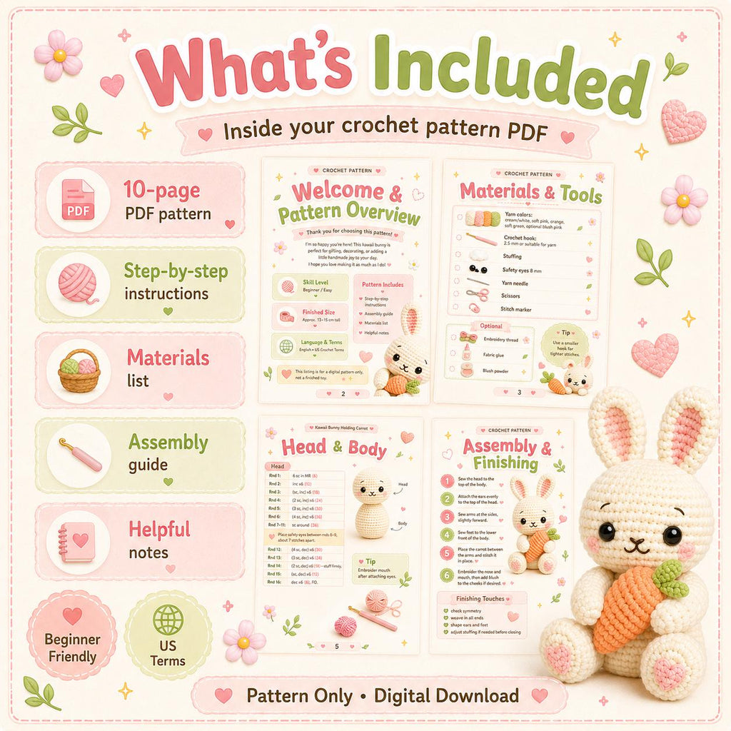 Amigurumi Kawaii Plush Toy, Amigurumi Bunny Holding Carrot, Beginner Rabbit Crochet Pattern, Instant Download