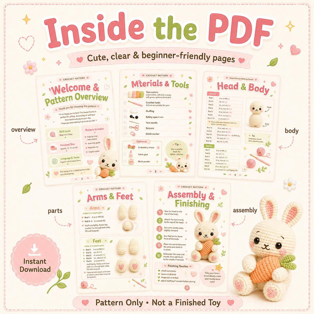 Amigurumi Kawaii Plush Toy, Amigurumi Bunny Holding Carrot, Beginner Rabbit Crochet Pattern, Instant Download