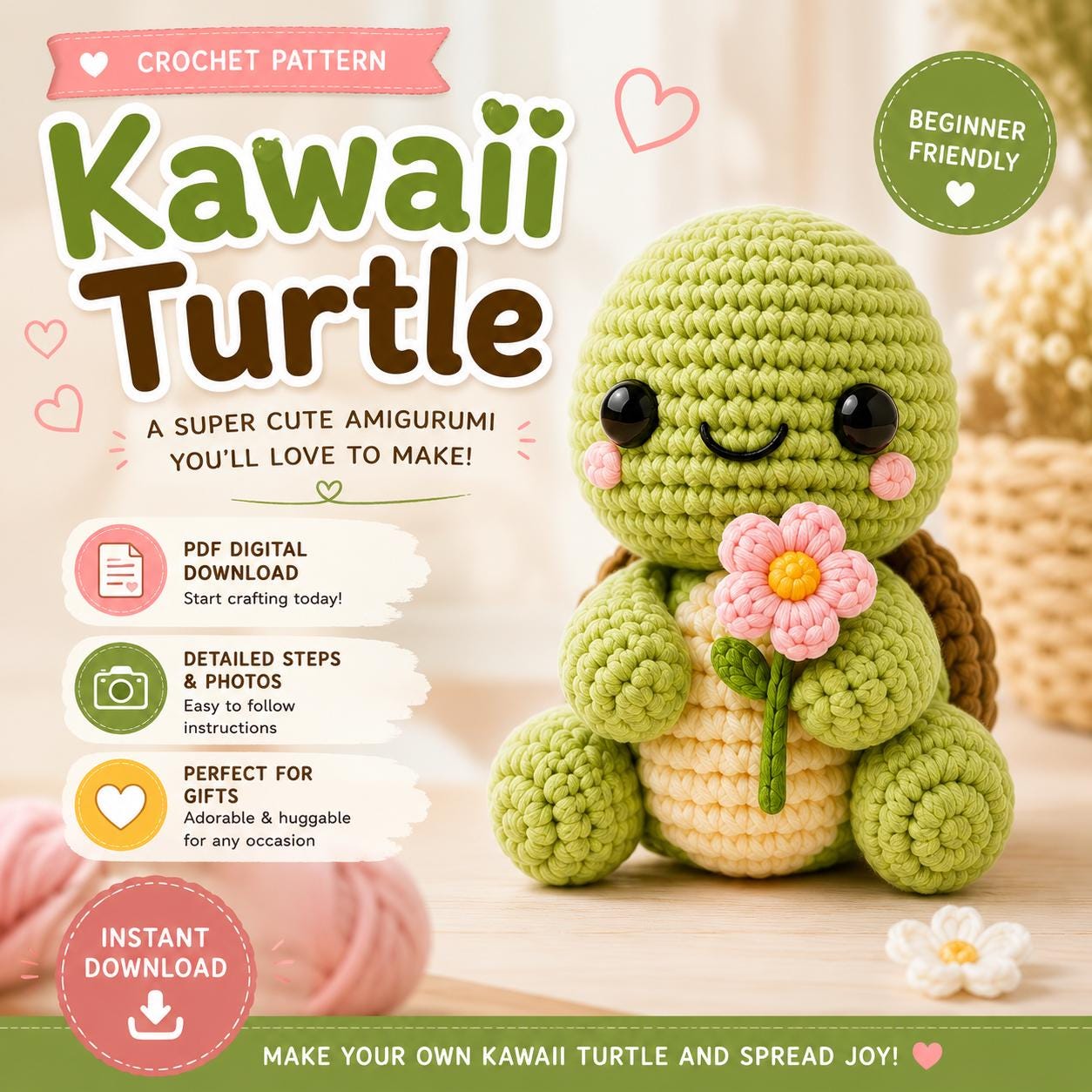 Kawaii Turtle Crochet Pattern PDF, Amigurumi Turtle Pattern, Cute Crochet Plushie Pattern, Beginner Friendly PDF, Instant Download