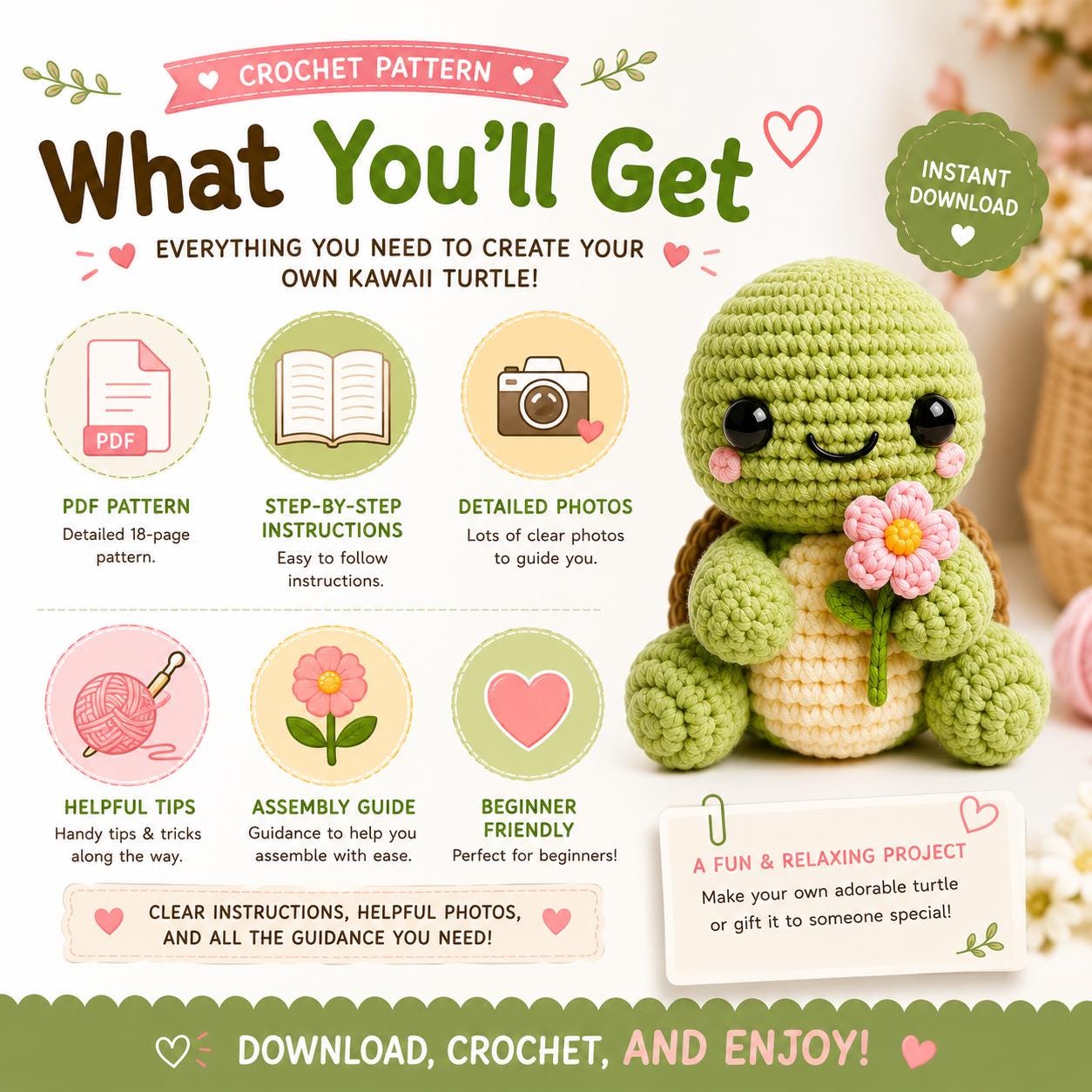 Kawaii Turtle Crochet Pattern PDF, Amigurumi Turtle Pattern, Cute Crochet Plushie Pattern, Beginner Friendly PDF, Instant Download