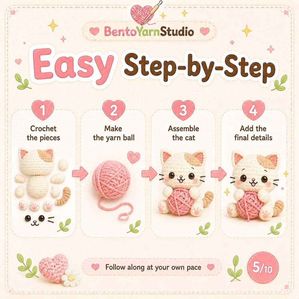 Kawaii Cat Crochet Pattern PDF, Beginner Amigurumi Cat Holding Yarn, Cute Mini Plushie Pattern, Instant Download, English US Terms