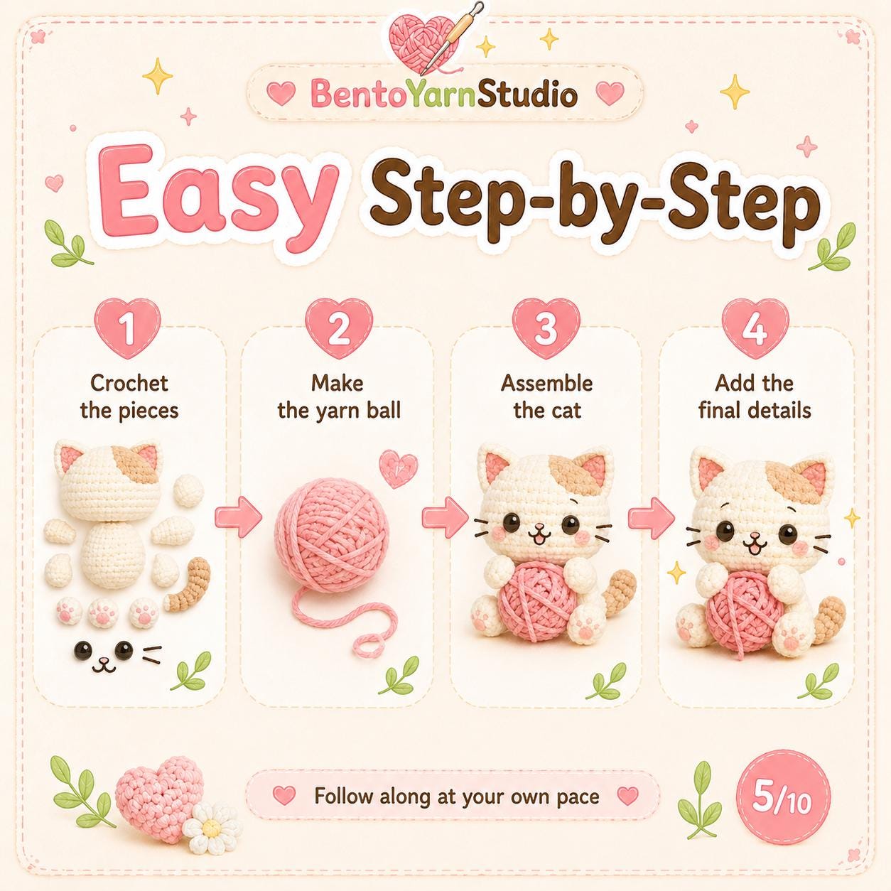 Kawaii Cat Crochet Pattern PDF, Beginner Amigurumi Cat Holding Yarn, Cute Mini Plushie Pattern, Instant Download, English US Terms