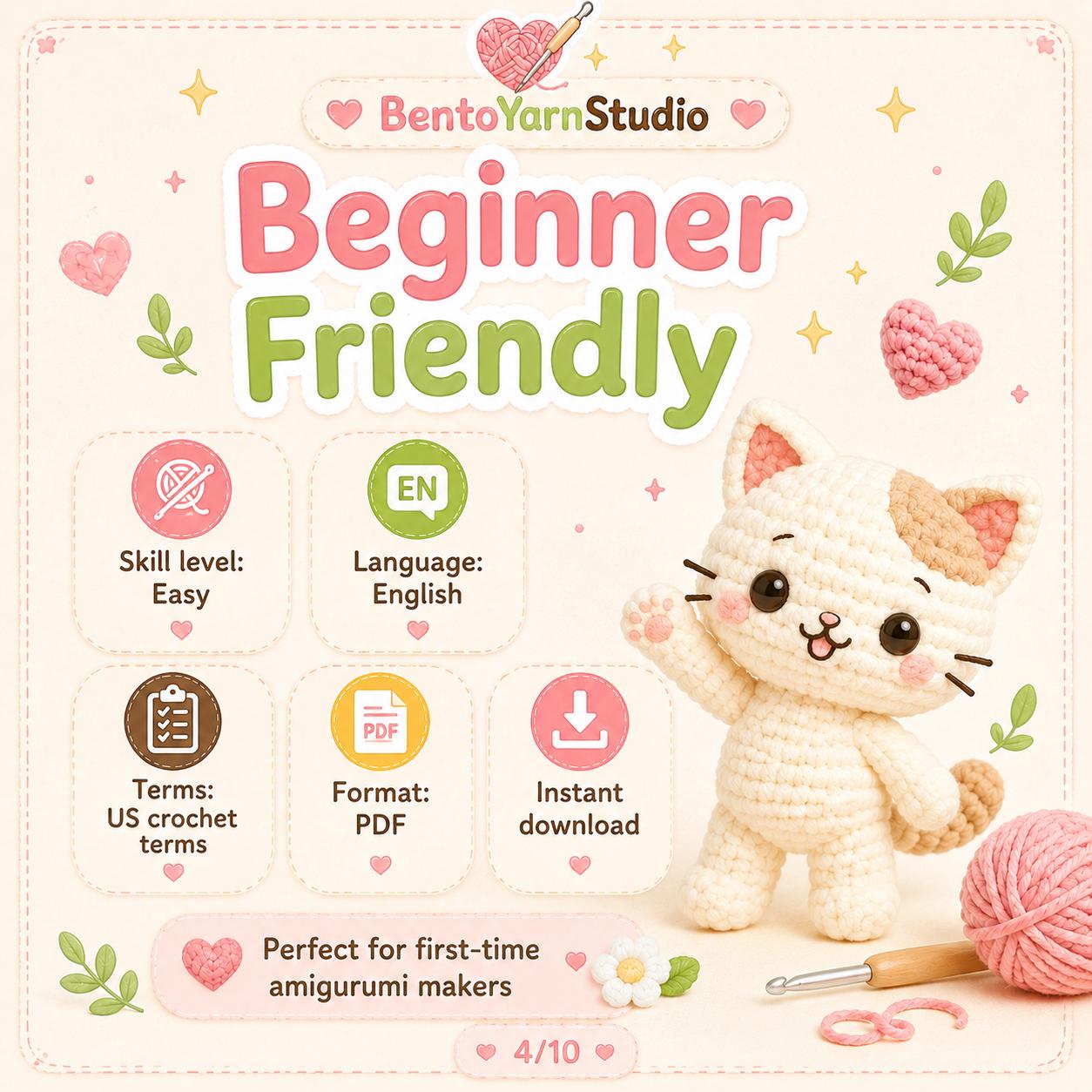 Kawaii Cat Crochet Pattern PDF, Beginner Amigurumi Cat Holding Yarn, Cute Mini Plushie Pattern, Instant Download, English US Terms