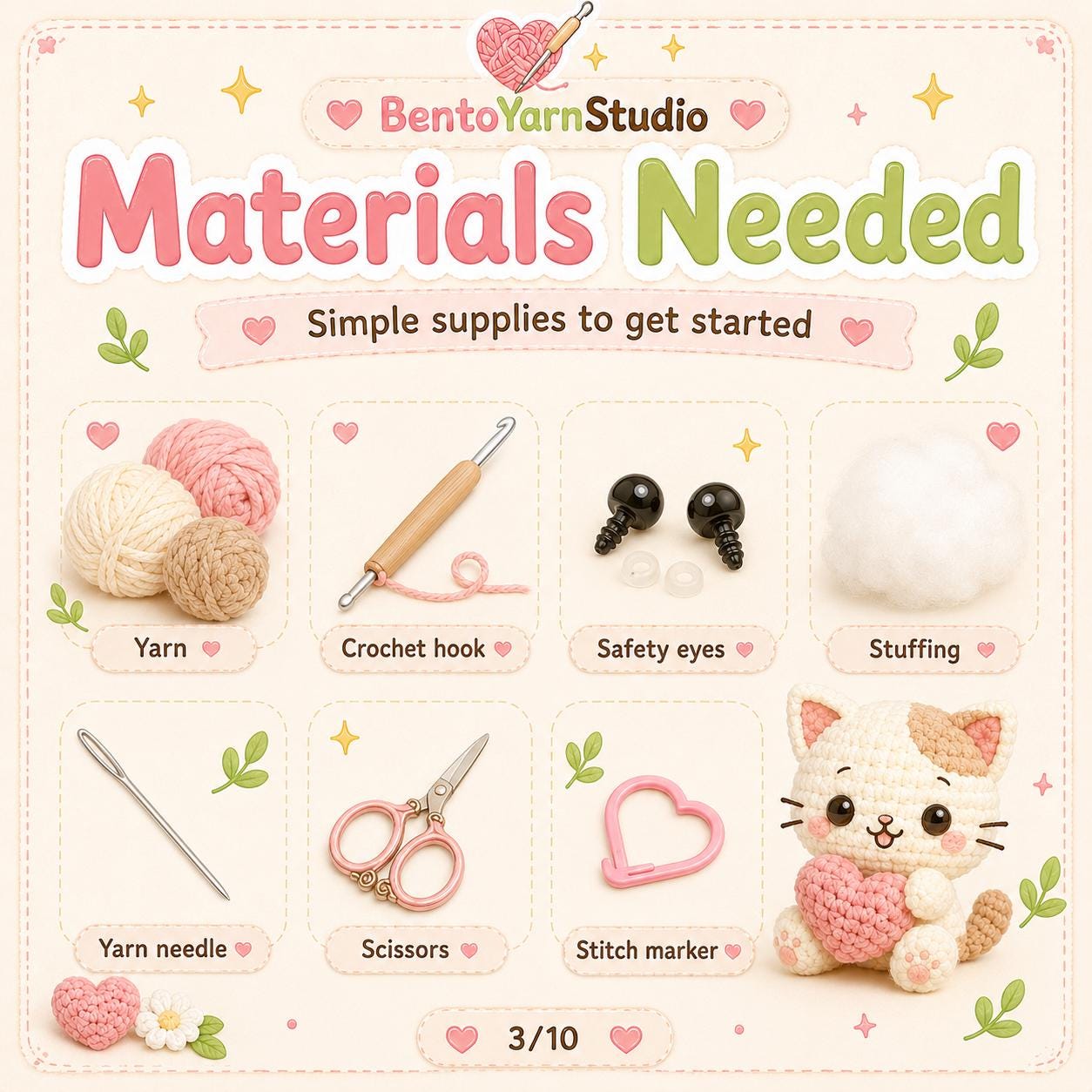 Kawaii Cat Crochet Pattern PDF, Beginner Amigurumi Cat Holding Yarn, Cute Mini Plushie Pattern, Instant Download, English US Terms