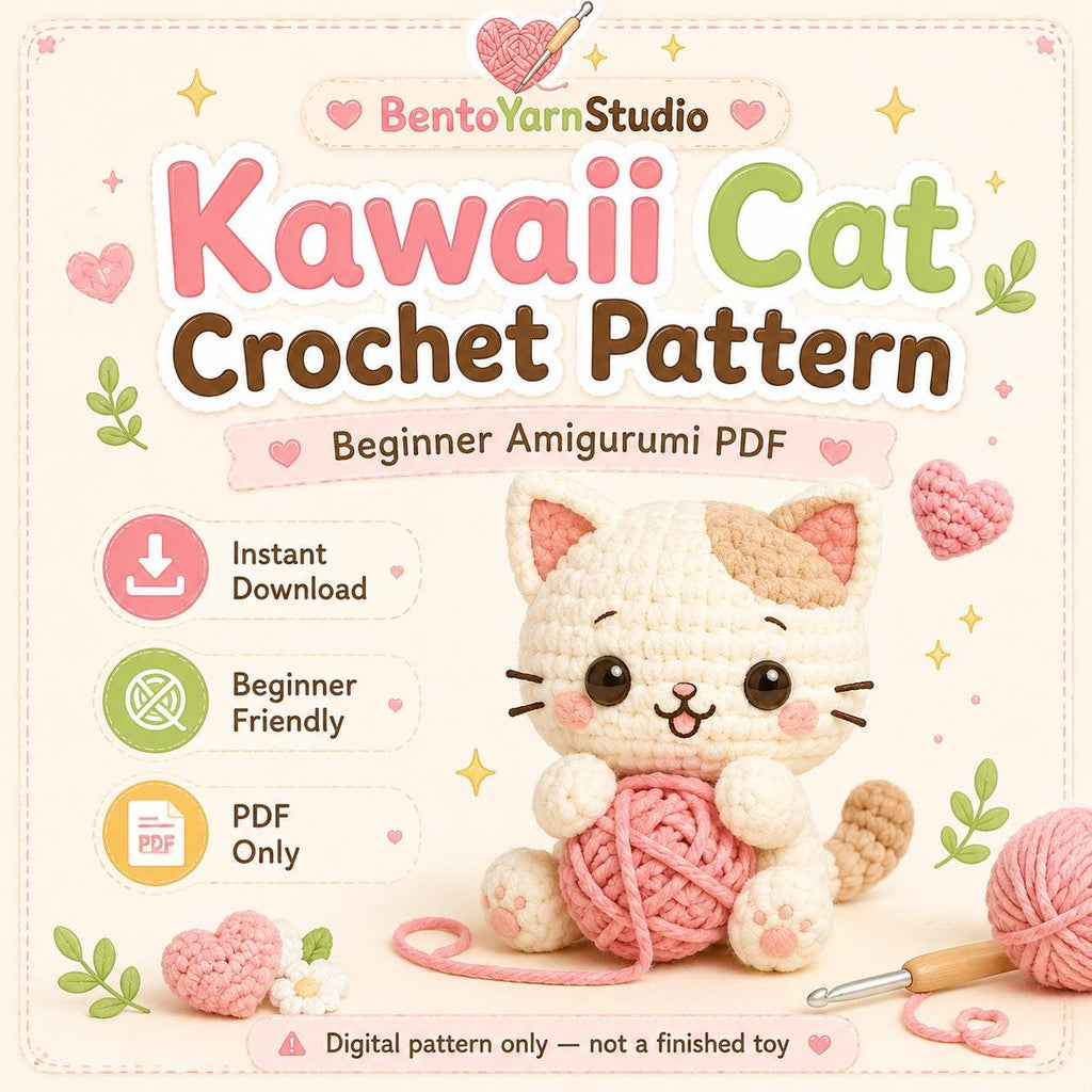 Kawaii Cat Crochet Pattern PDF, Beginner Amigurumi Cat Holding Yarn, Cute Mini Plushie Pattern, Instant Download, English US Terms