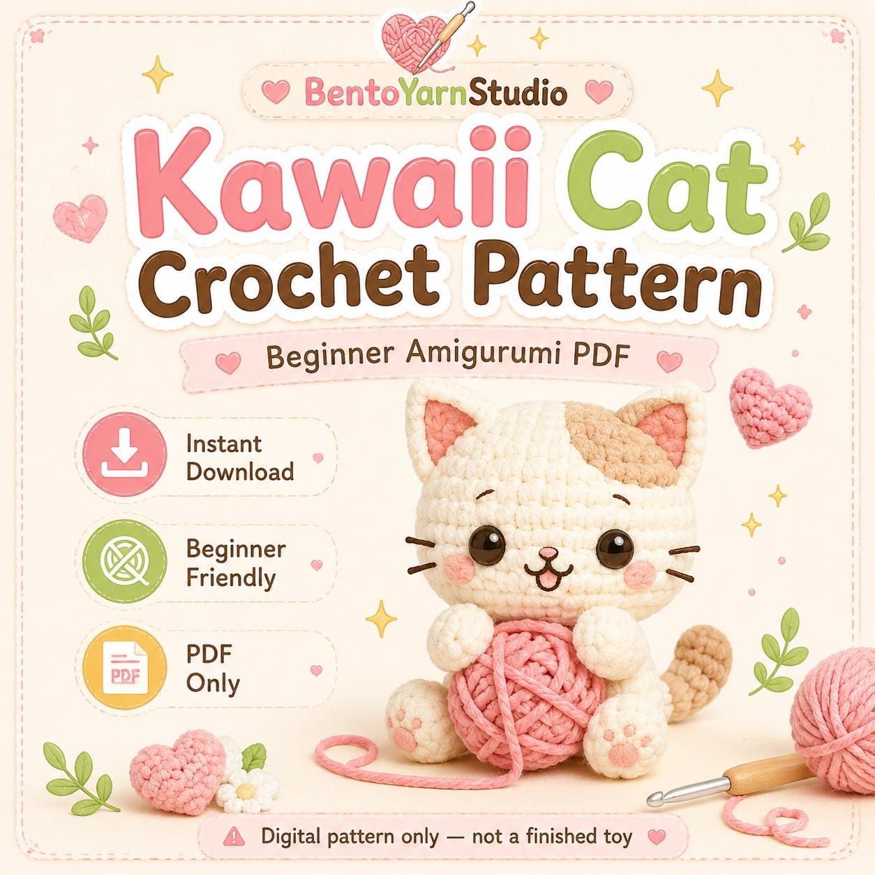 Kawaii Cat Crochet Pattern PDF, Beginner Amigurumi Cat Holding Yarn, Cute Mini Plushie Pattern, Instant Download, English US Terms