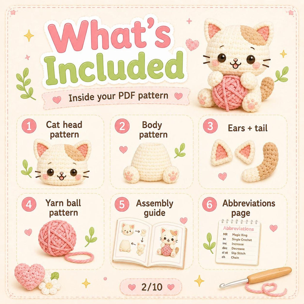 Kawaii Cat Crochet Pattern PDF, Beginner Amigurumi Cat Holding Yarn, Cute Mini Plushie Pattern, Instant Download, English US Terms