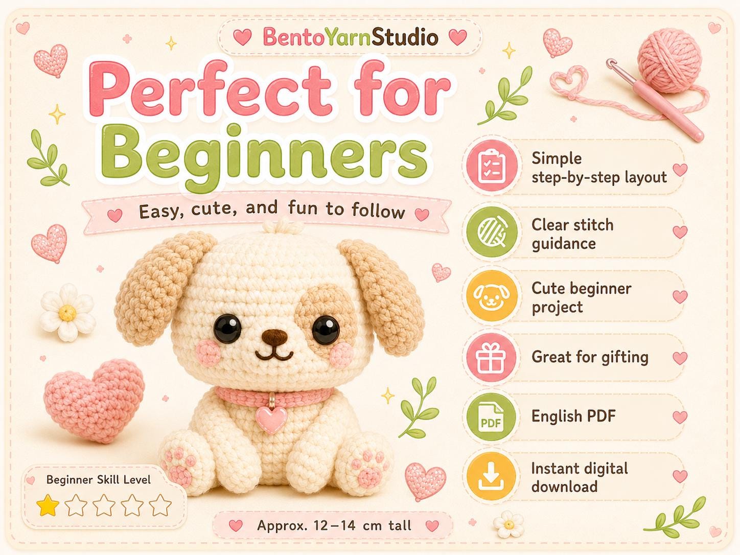 Kawaii Dog Crochet Pattern PDF, Beginner Amigurumi Puppy Pattern, Cute Dog Crochet Tutorial, Instant Download English PDF