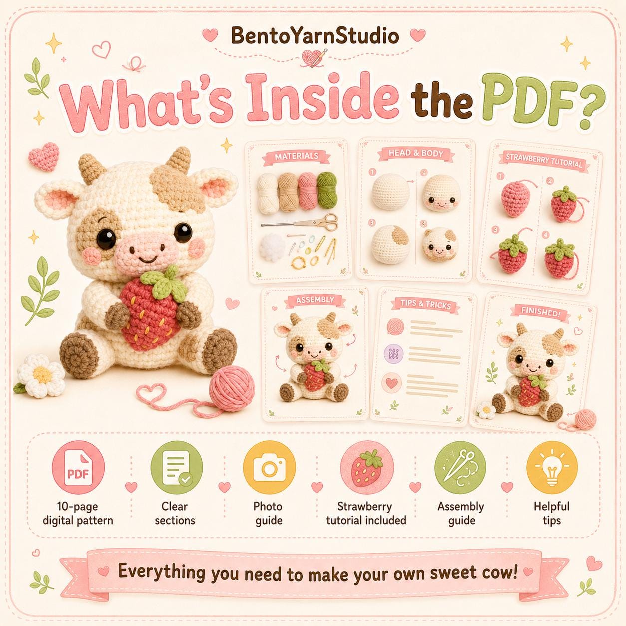 Kawaii Cow Crochet Pattern PDF, Strawberry Cow Amigurumi Pattern, Beginner Friendly Crochet Toy, English PDF