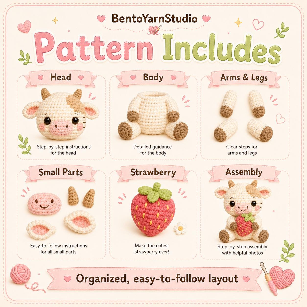 Kawaii Cow Crochet Pattern PDF, Strawberry Cow Amigurumi Pattern, Beginner Friendly Crochet Toy, English PDF